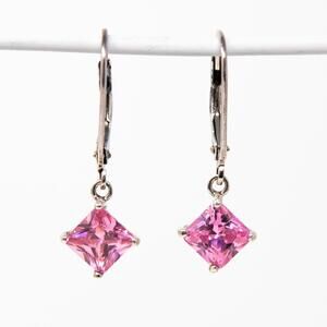 Vintage Pink Princess Cut CZ Sterling Silver Signed 925 A Small Dangle Earrings